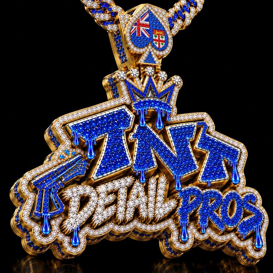 TNT Detail Pros logo as a diamond and sapphire gold pendant, with the flag of Fiji on the spade clasp
