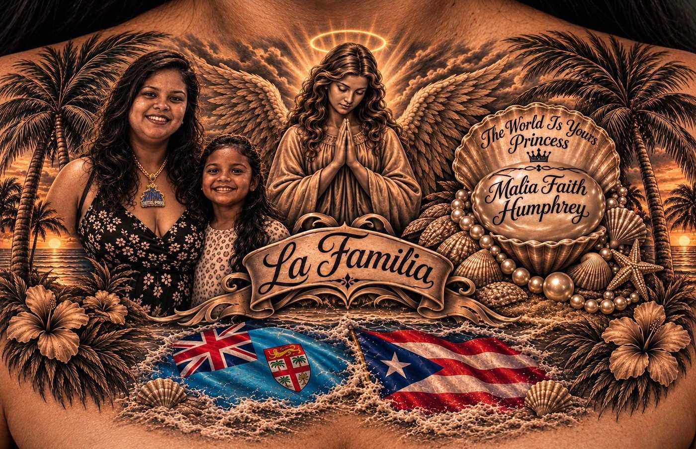 La Familia: Tika and Riya, with a tribute to Malia Faith Humphrey, framed by palm trees and the flags of Fiji and Puerto Rico
