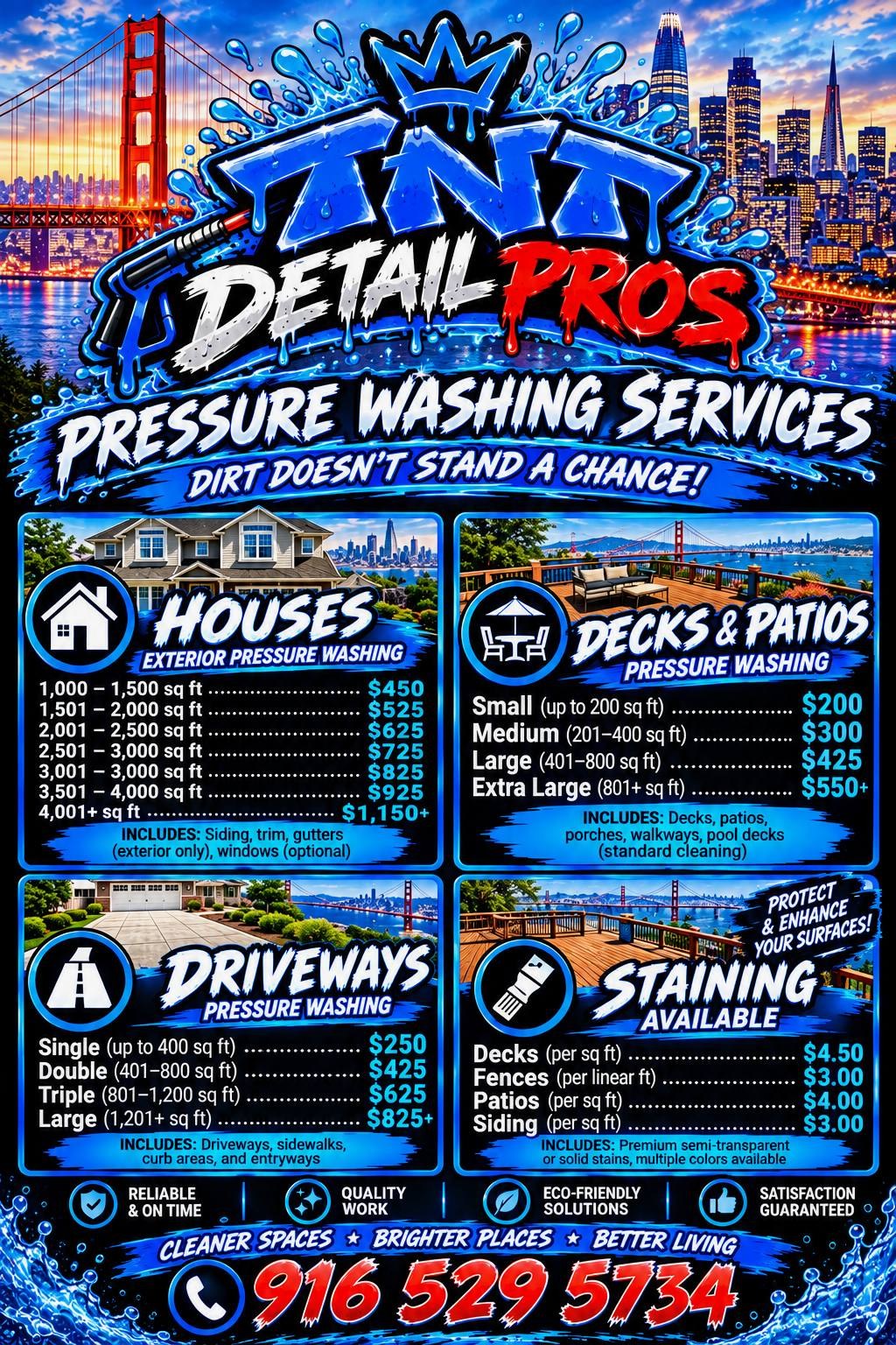 Pressure washing price list: houses from $450 to $1,150+, decks and patios from $200 to $550+, driveways from $250 to $825+, and staining available. Call (916) 529-5734.