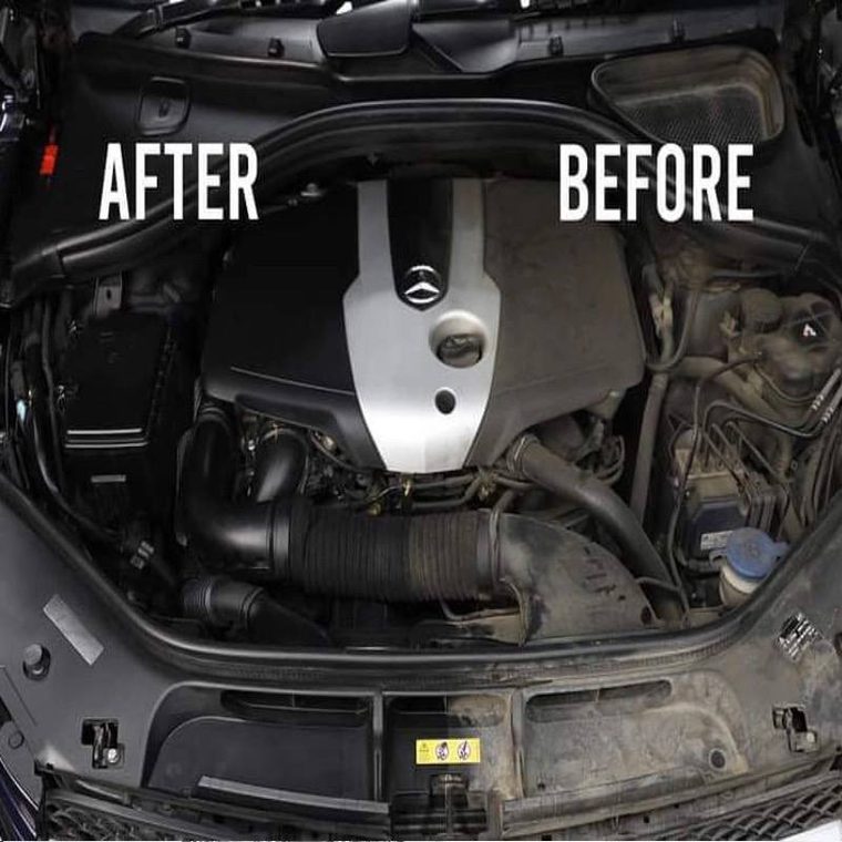 Split view of an engine bay: the left side is cleaned (after), the right side is dirty (before)